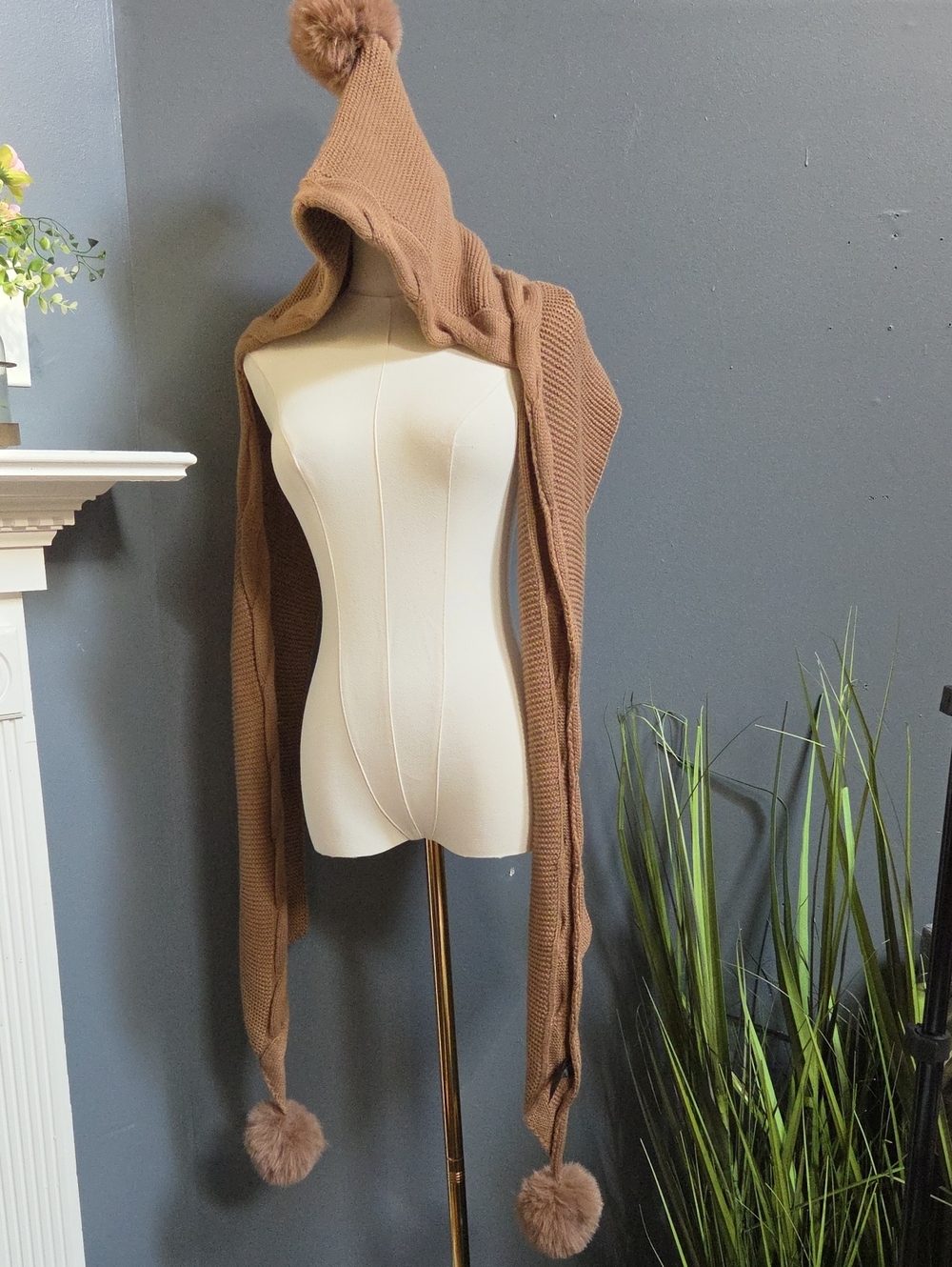 Anthropologie Chunky Knit Pom-Pom Hooded Scarf - Brown